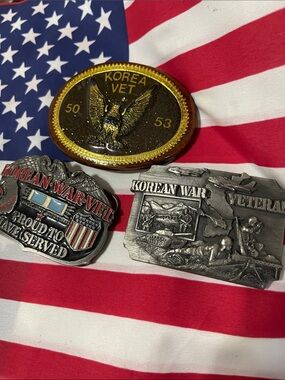 Korean War Veteran Belt Buckle Set - Gold & Silver Tone